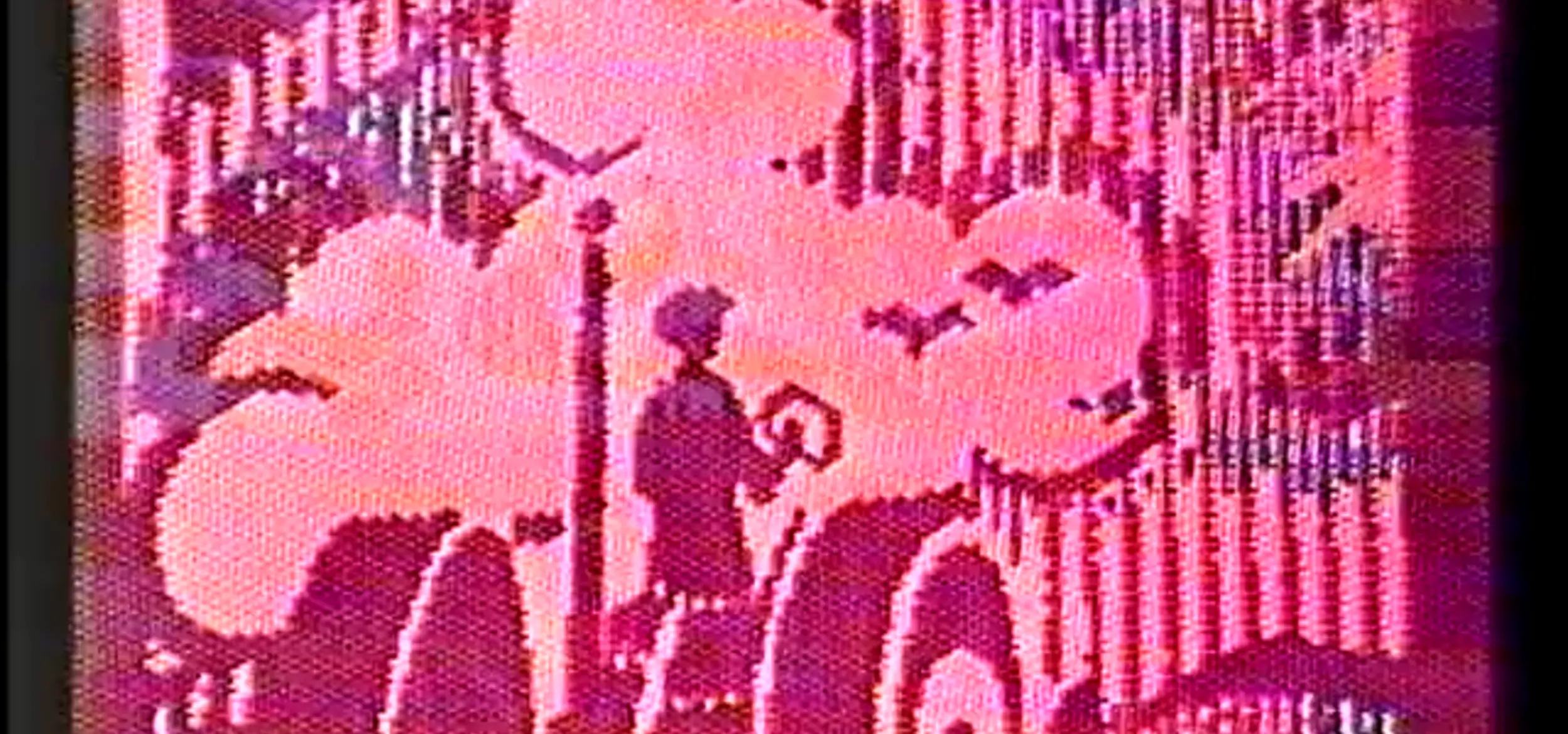 A pink and red still from the video artwork 'Syntax Error in 84 : Part 1 - Machines / Machines' depicting a figure on a tractor.