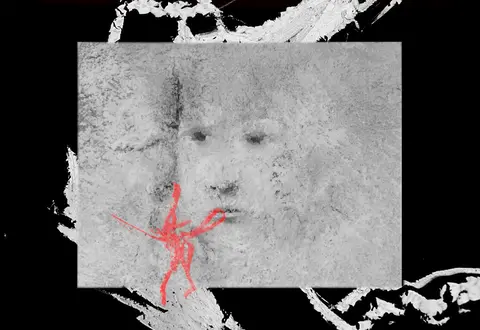 Palimpseste sur Prison de Robert Lapoujade - dir. Pierre Hébert, black and white superimposed face on prison wall
